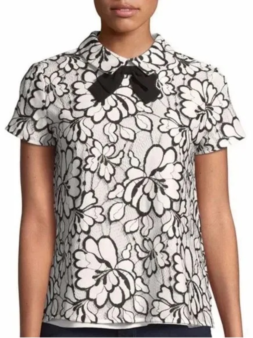 Karl Lagerfeld Paris Floral Lace Bow Collar Blouse Top White Black Size 12 - Picture 2 of 9